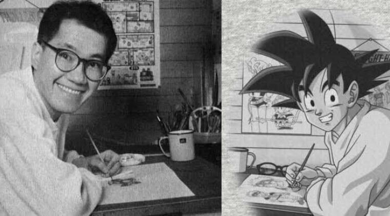 Akira Toriyama mirando a la camara en su escritorio y frente a el Goku de la misma manera